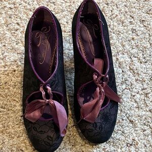 Poetic License Black Lace Ballet Flats with Purple Trim and Satin Ribbon